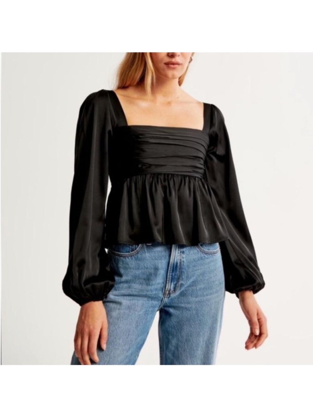 NWT Abercrombie Black Satin Square-Neck Peplum Blouse